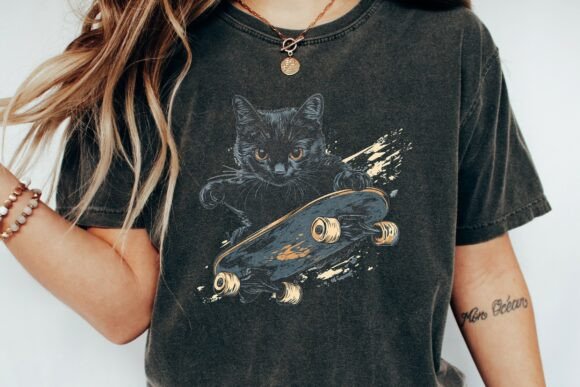 Black Cat Skater Cool Graphic Png: Edgy Design Asset
