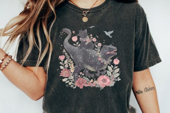 Cat Riding Dinosaur Floral Graphic Png: A Whimsical Design Asset