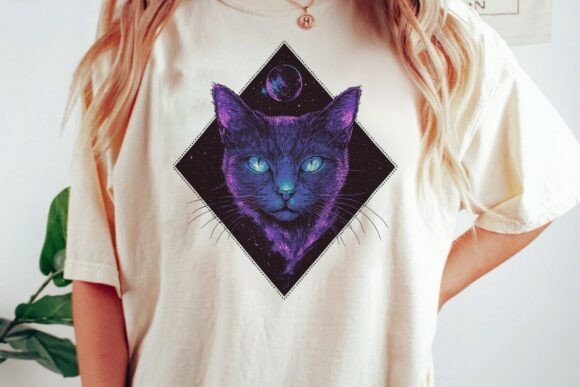 Cosmic Cat with Planet Graphic: A Modern Design Asset